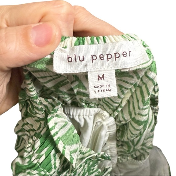 Blu Pepper Green & White Leaf Print Ruffle Mini Dress Women’s Medium Boho - Picture 6 of 7